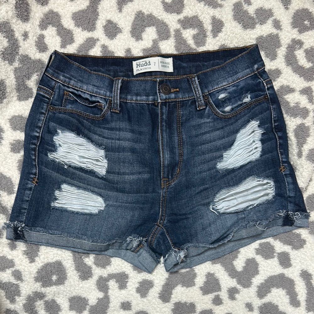 Mudd Blue Distressed High Waist Jean Shorts Frayed Hem